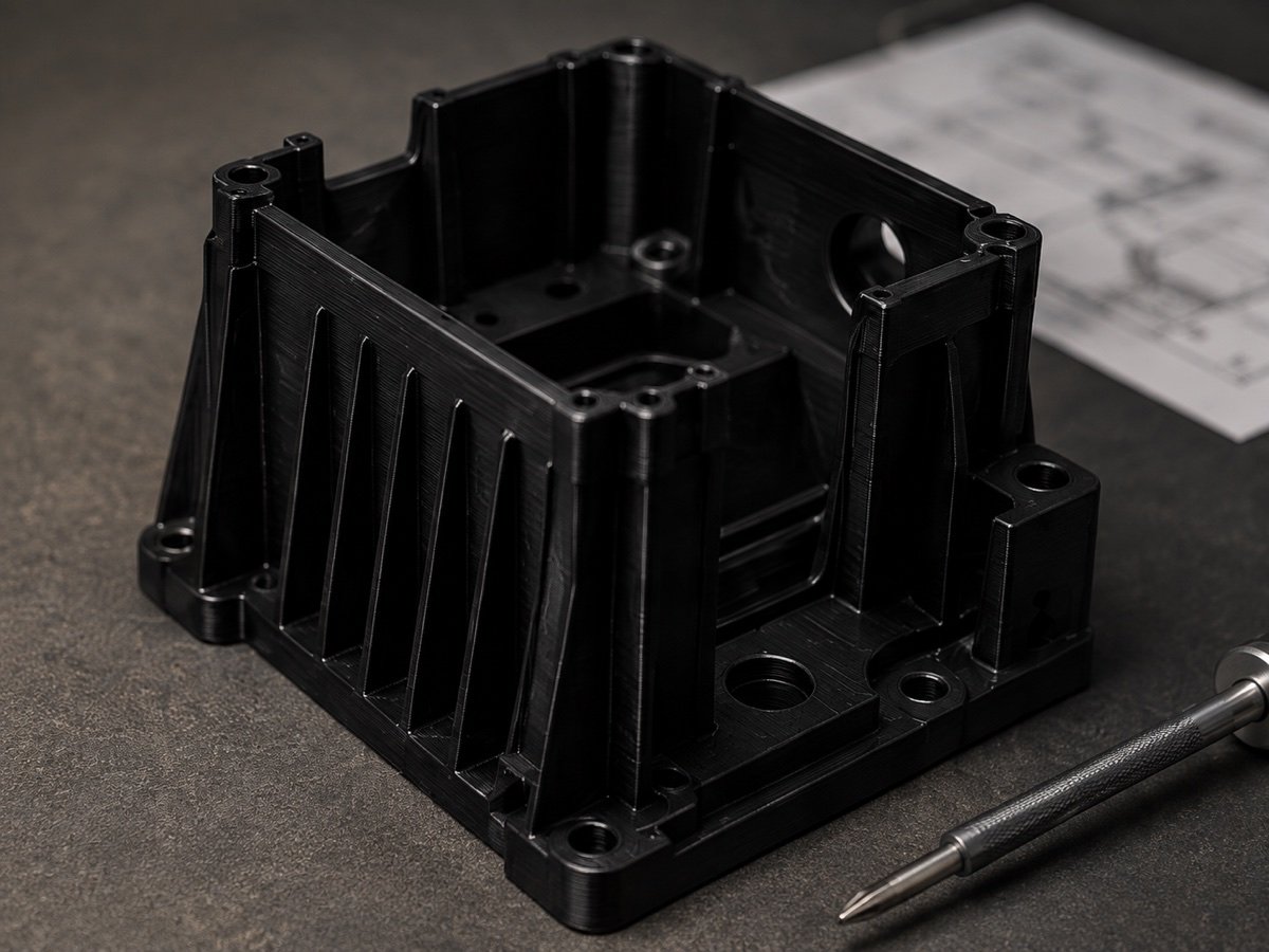 Black protective enclosure with ribs and mounting openings